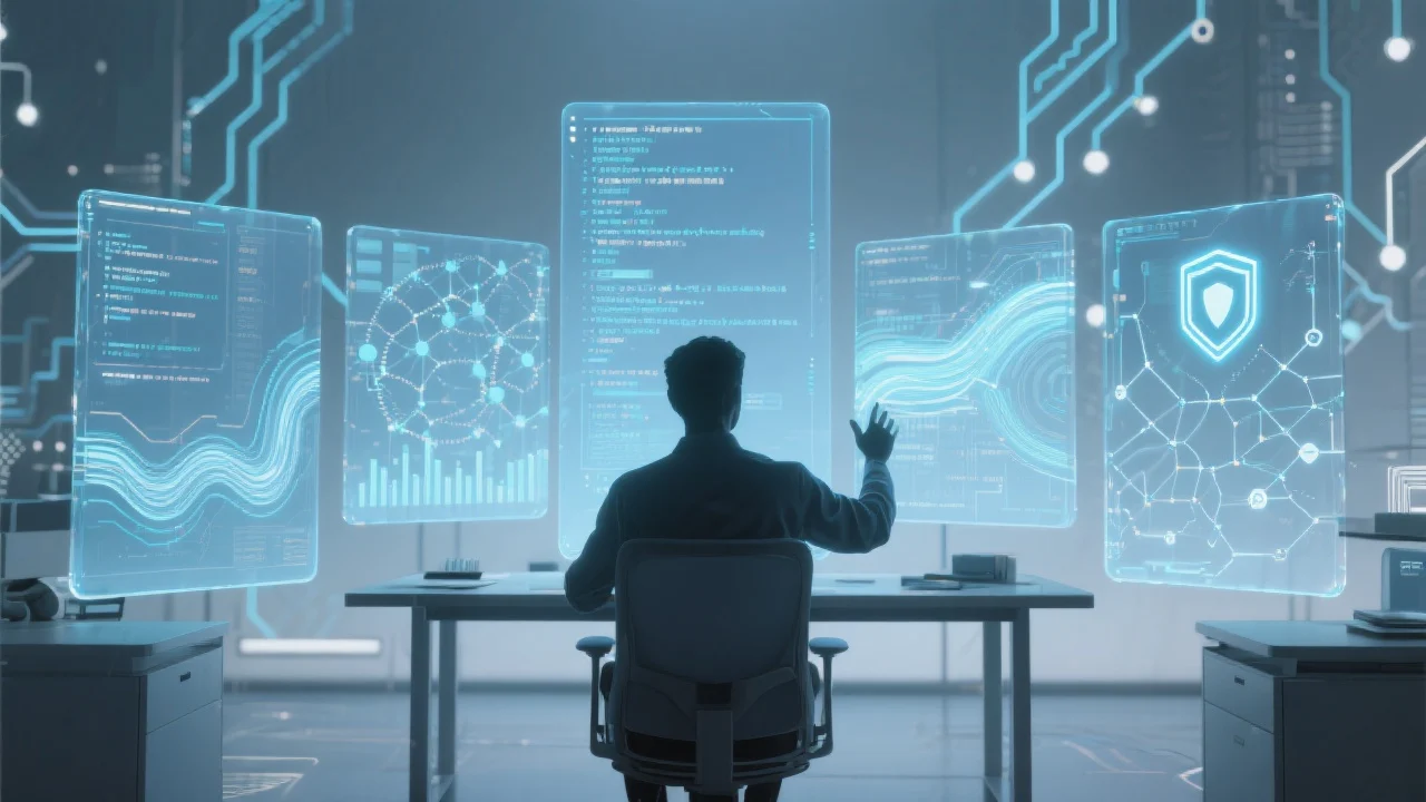 futuristische Darstellung eines IT-Experten, der vor Bildschirmen sitzt.