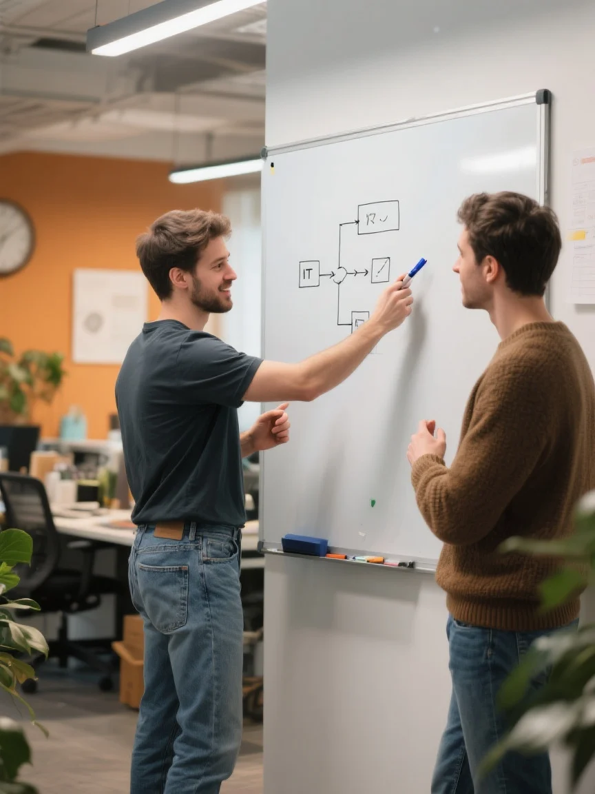 Ein Berater erklärt einem Kunden verständlich einen Prozess an einem Whiteboard